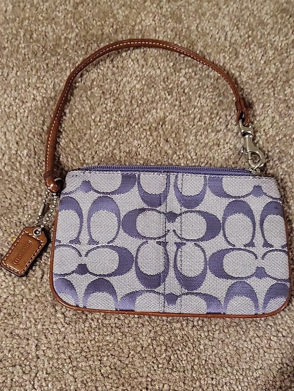 Coach Lavender Signature Canvas Wristlet with Tan Leather Trim